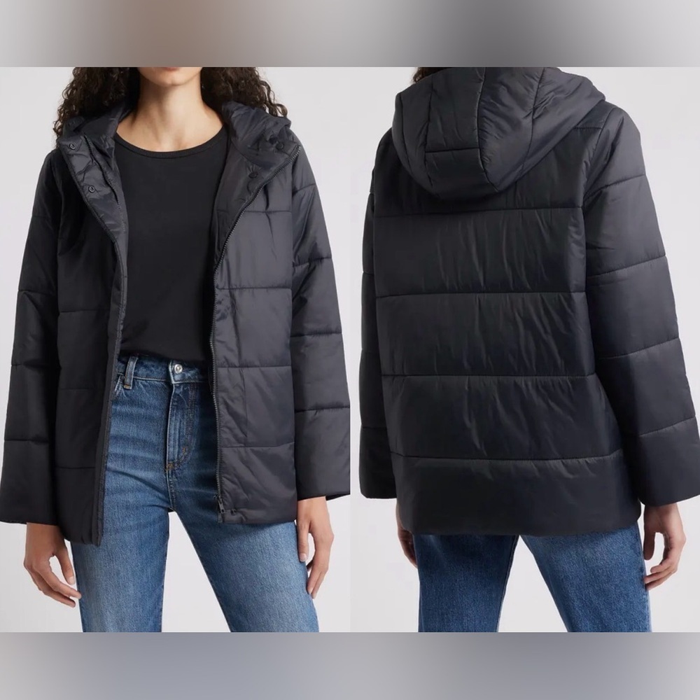 NWOT Eileen Fisher Hooded Puffer Black Jacket M